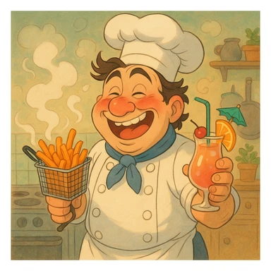 A tipsy chef with flushed cheeks, holding a fryer basket of steaming fries, mocktail in the other hand, exaggerated features, fun and lively, ghibli style sticker