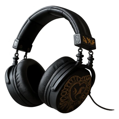 Remove the background, keep only the realistic black gothic headphones with heart-shaped ear cups, metallic chains, and gothic engravings, photorealistic style, with no background. sticker