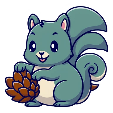 Greedy little squirrel with a large pine cone balanced on top of its head, with an unsettling strange expression, looking hungry sticker