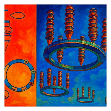 Летающий город в СССР 1920-х годов Георгия Крутикова слегка рисованный, но при этом объемный стиль, яркие цвета sticker