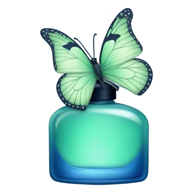  pastel green butterfly resting on an elegant blue perfume bottle with fork dark blue details. sticker