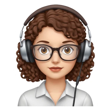 White female  Brown curly hair  Dark brown eyes  Small Square glasses  Headset sticker