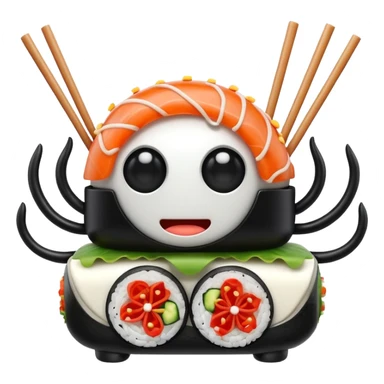 a robot shaped like a sushi roll, with LED eyes, tentacle sticks and soy sauce dripping like wires sticker