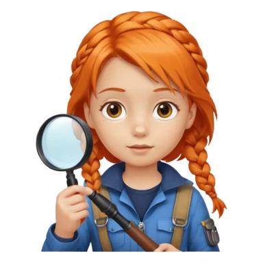 braid orange haired girl kid in explorer outfit, holding magnifying glass sticker