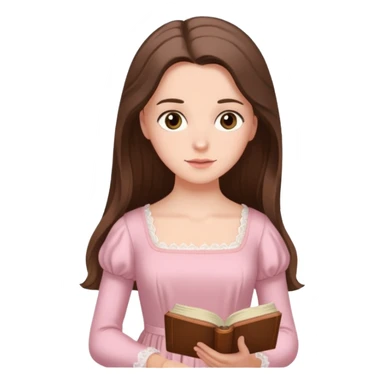  white long brunette hair girl with hazel eyes in light pink reading Pride and Prejudice sticker
