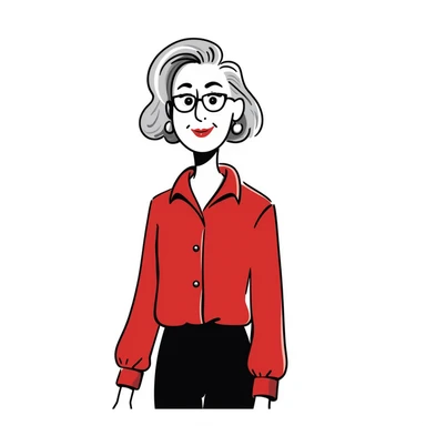 Sophisticated senior woman in her 70s with radiant complexion, elegant silver-gray bob haircut, hazel eyes, defined cheekbones, wearing vibrant red lipstick and a structured red blouse sticker