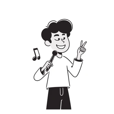 excited happy musician smiling, holding a microphone in one hand and a pencil in the other hand sticker