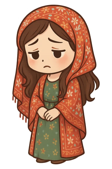 Kurdish woman in traditional dress jamadani, sad mood, cartoon style, sitting or standing with a sad face, no text sticker