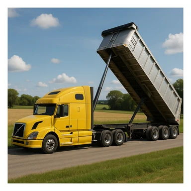long silver end dump trailer hooked to a Volvo yellow semi sleeper truck, trailer in dump position, photorealistic daytime country scene with fields, trees, and a quiet road, truck facing left sticker