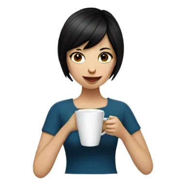 Girl with very short black hair, fair skin and brown eyes drinking coffee sticker