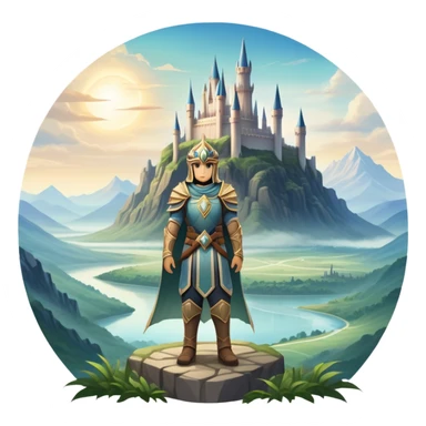 An icon featuring a hero with a closed visor, standing in a majestic, mystical landscape, inspired by RPGs like Elden Ring. The design includes a stunning, ethereal background with towering castles and distant mountains, symbolizing the adventure and mystery. Transparent background sticker
