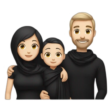 Daddy with white skin tone wear black tshirt and wife with sane skin tone wear black long blaus,black shawl and his baby wear black tshirt sticker