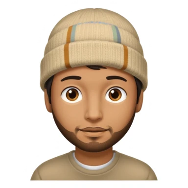 A brown hispanic man with a beanie sticker