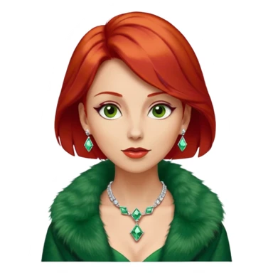 * Character: A stylish lady,red hair
* ﻿﻿Clothing: A luxurious green fur coat
* ﻿﻿Accessories: A dazzling diamond necklace
* ﻿﻿Expression: Confident, elegant, maybe slightly glamorous
* ﻿﻿Pose: Head slightly tilted or a poised posture
* ﻿﻿Style: Emoji-like, simple but expressive sticker