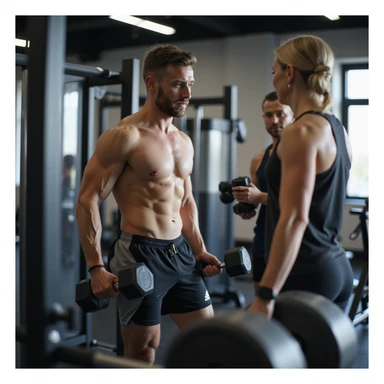 man in gym, wearing sportswear, alternating exercises between isotonic machine and dumbbells, personal trainer observing and advising, atmosphere of learning, realistic details, modern gym background, 4K quality sticker