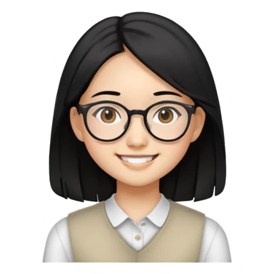 "- Nữ
- 15 tuổi
- Da vàng
- Tóc đen, ngang vai
- Mặt cười mỉm, đeo kính
" sticker