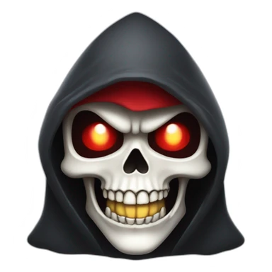 a cartoon character of Grim Reaper, wearing crown, skull, hood, red eyes, laughing  sticker