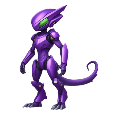 a purple-green Genesect-Raptor-Fakémon—hybrid with a futuristic visor-helmet full body sticker