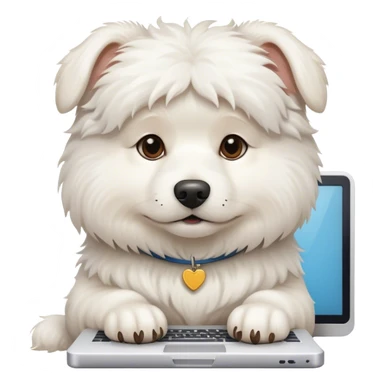 white fluffy dog with computer and book sticker