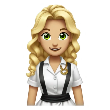Waitress with white shirt and black apron, there is a cursive G in the upper left corner of the apron, curly blonde hair in a pony tail, green/hazel eyes, lots of boho jewelry and bracelets  sticker