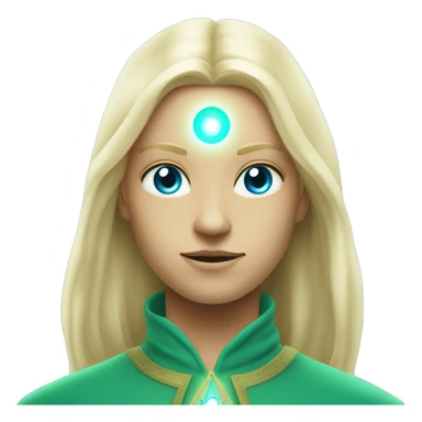 nordic pleiadian in green clothing with thin face long blonde hair and blue eyes third eye glowing sticker