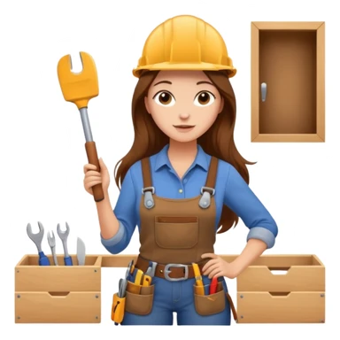 beautiful girl with long brown hair constructing new kitchen cabinets sticker