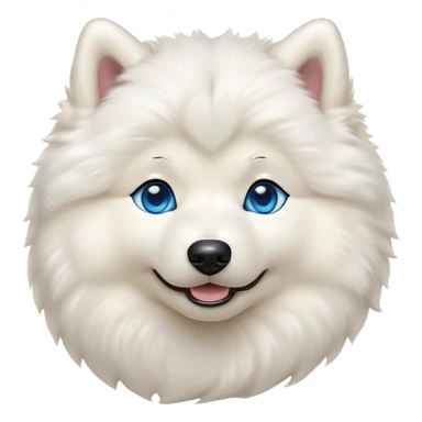 Cinematic Cute Samoyed Portrait Emoji, Head tilted playfully and inquisitively, featuring a fluffy, pristine white Fur with a natural sheen, round, sparkling blue eyes filled with curiosity, Simplified yet irresistibly adorable features, highly detailed, glowing with a warm, friendly glow, high shine, affectionate and lively, stylized with a touch of whimsy, bright and endearing, soft glowing outline, capturing the essence of a mischievous yet loving companion, so playful it feels like it could frolic out of the screen and into your arms! sticker