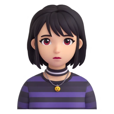 emo girl, striped shirt, layered hair, choker necklace, melancholic expression, modern emoji style sticker