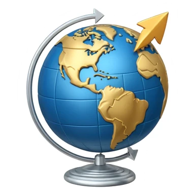 “Icon: Earth globe, circular arrows around it, a dollar coin at the top right, simple composition, single object, transparent background sticker