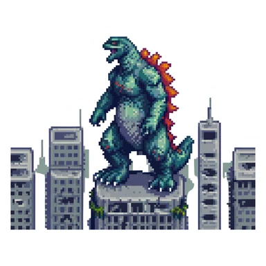 Godzilla, stomping on buildings, retro video game look, pixel art style sticker