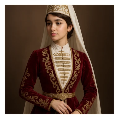 Chechen young woman, age 20, short brown hair, wearing a traditional Chechen costume, elegant pose sticker