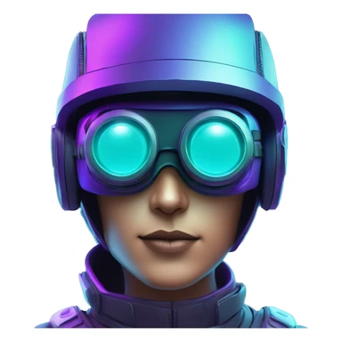 Secret human agent in a futuristic hat with in Apple VR goggles headset code display on the goggles , cyberpunk, cyan and purple colors, only upper body portrait, front facing the camera  sticker