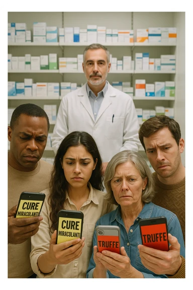 Realistic, vertical scene: a group of people in a pharmacy, some looking confused or skeptical as they read sensationalist headlines on their phones about “Cure Miracolanti” or “Truffe” A pharmacist stands behind the counter, ready to offer evidence-based advice. The atmosphere is educational, highlighting the importance of consulting professionals. sticker