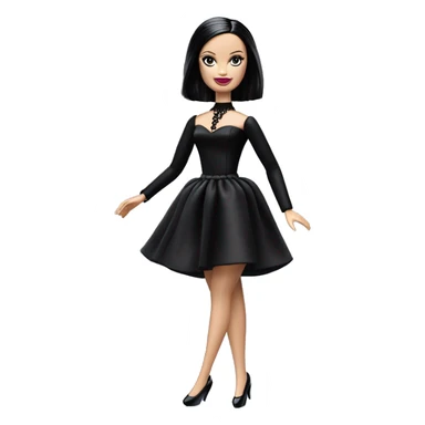  Wednesday Addams Barbie dancing.  Longer hair, short black flowing strapless evening gown with  plunging neckline that’s off-the-shoulders that also shows her legs and black shiny velvet high heel shoes. sticker