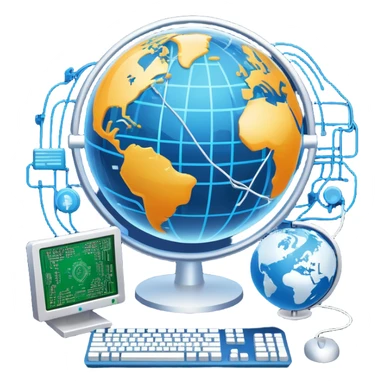 An icon featuring a computer monitor displaying code, a globe with network nodes, and a circuit board, symbolizing IT. The design includes data streams, cloud storage, and a keyboard, representing digital innovation, connectivity, and problem-solving. Transparent background sticker