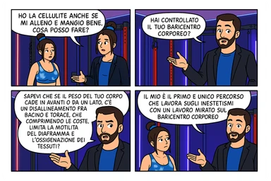 TRASFORMA QUESTO CAROSELLO IN UN FUMETTO CON QUESTE DUE PERSONE IDENTICHE CHE INTERLOQUISCONO TRA LORO:

LEI: Ho la cellulite anche se mi alleno e mangio bene, cosa posso fare?

LUI: Hai controllato il tuo baricentro corporeo?
Sapevi che se il peso del tuo corpo cade in avanti o da un lato, c’è un disallineamento fra bacino e torace, che comprimendo le coste, limita la motilità del diaframma e l’ossigenazione dei tessuti?
Il mio è il primo e unico percorso che lavora sugli inestetismi con un lavoro mirato sul baricentro corporeo. sticker