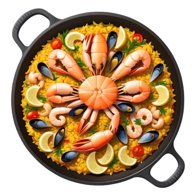 Cinematic Realistic Paella Dish Emoji, depicted as a vibrant, aromatic rice dish loaded with seafood, chicken, and saffron rendered with rich textures and dynamic, warm lighting. sticker