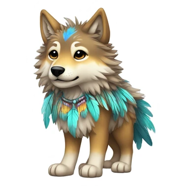 Fluffy Shy Colorful Chibi Spiritual Shamanic Wolf With Shiny Tribal Markings wearing feathers Full Body sticker
