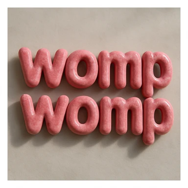 Change the 'womp womp' text to a realistic pink material in a photorealistic style with natural lighting and subtle shadows, no cartoon effects. sticker