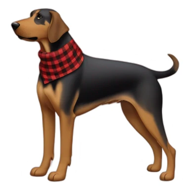 adult 75% Coonhound 25% German Shepherd mix dog with visible tail wearing small pointed red buffalo plaid bandana full body walking left quickly sticker