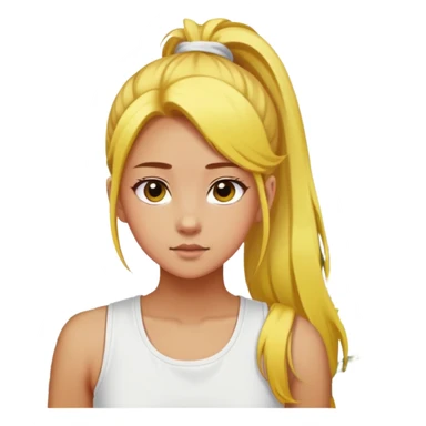 A girl with a high ponytail, a yellow hair tie, and a sleeveless white top, surrounded by blooming forsythias. sticker