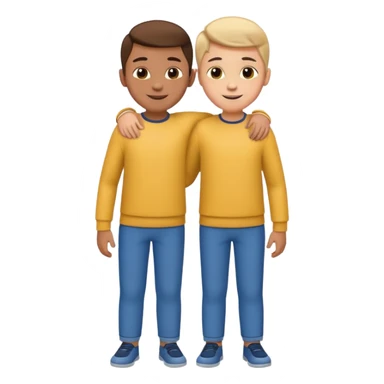 Two cartoon-style two  boy with similar features, arms around each other's shoulders, smiling, matching outfits, standing close, white background, emoji style sticker