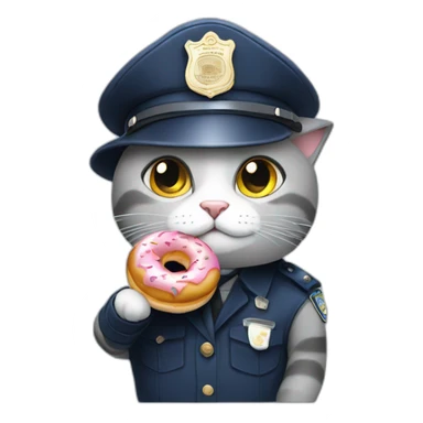 grey cat in police hat eating a doughnut sticker