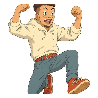1 male, mid fade haircut dark chestnut brown curly hair, toasted lightskin, white hoodie sleeves up, fashion jeans, red fashion-sneakers shoes, red belt, short trimmed beard and goatee,  style of deku from "my hero academia", doing a "hype" pose sticker