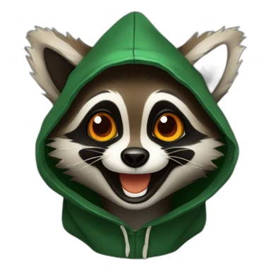 a small brown raccoon with orange eyes and a dark green hood that is laughing sticker