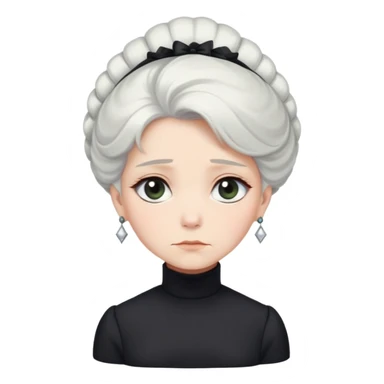 A Victorian woman with elegant coiffed white hair and light eyes wearing a simple modest black turtleneck mourning dress without jewelry looking down with a forlorn expression sticker
