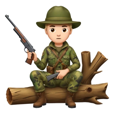 male hunter sitting on a log with gun, alert expression sticker
