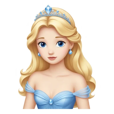 Cinematic Realistic Cute Cinderella Portrait, featuring fair, luminous skin with finely detailed texture and softly lit golden-blonde hair cascading in gentle waves. Her warm, inviting blue eyes sparkle with youthful charm and curiosity, while her classic, elegantly draped ball gown reveals meticulously rendered fabric details and natural folds. The overall composition is bathed in a gentle, realistic radiance that exudes both playfulness and heartfelt beauty. sticker