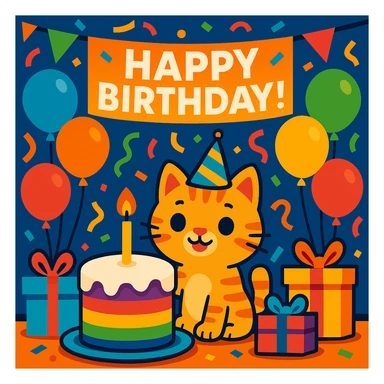 birthday party scene with rainbow balloons, multicolored decorations, confetti, large rainbow birthday cake, gifts, festive atmosphere, featuring a ginger tabby kitten wearing a birthday hat as the main character, with a prominent 'Happy Birthday!' message sticker