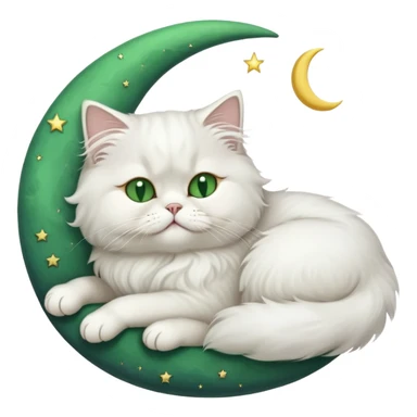 White Persian cat with green eyes sleeping on crescent moon  sticker